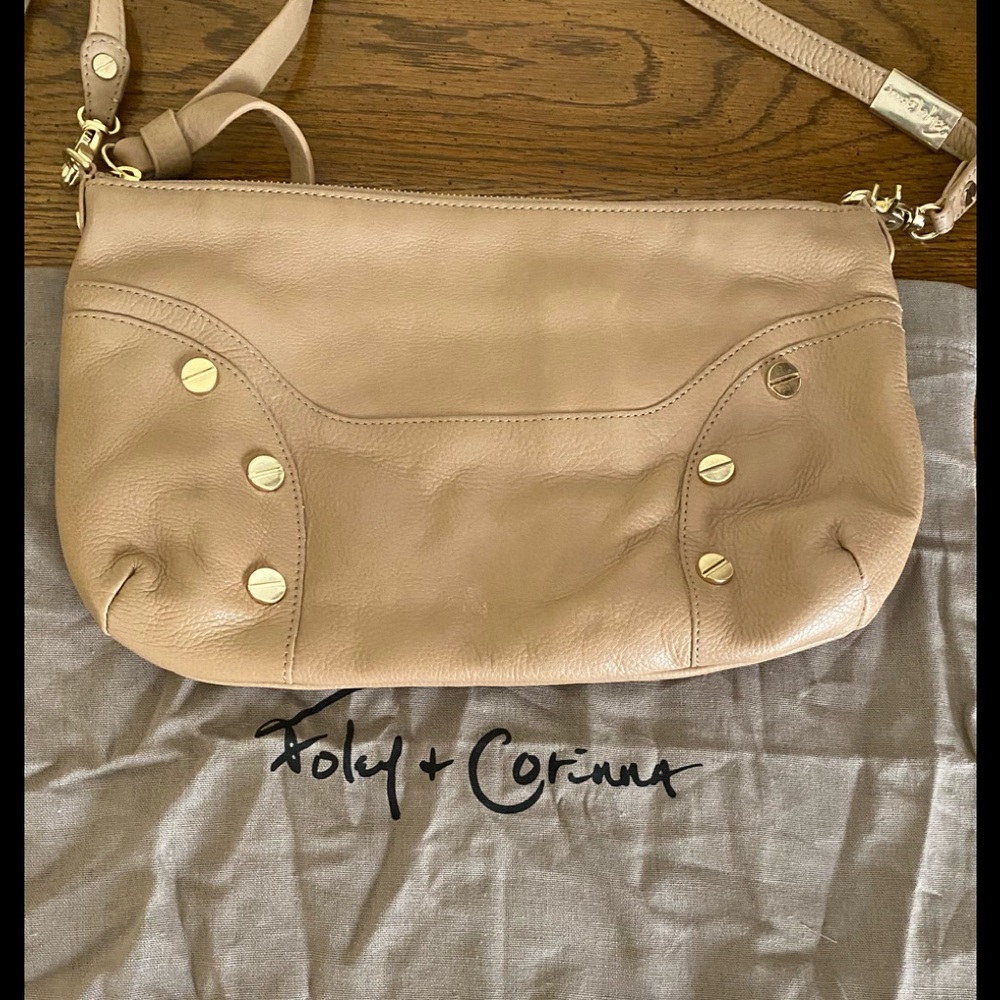 NWOT Foley and Corinna tan leather bag with gold